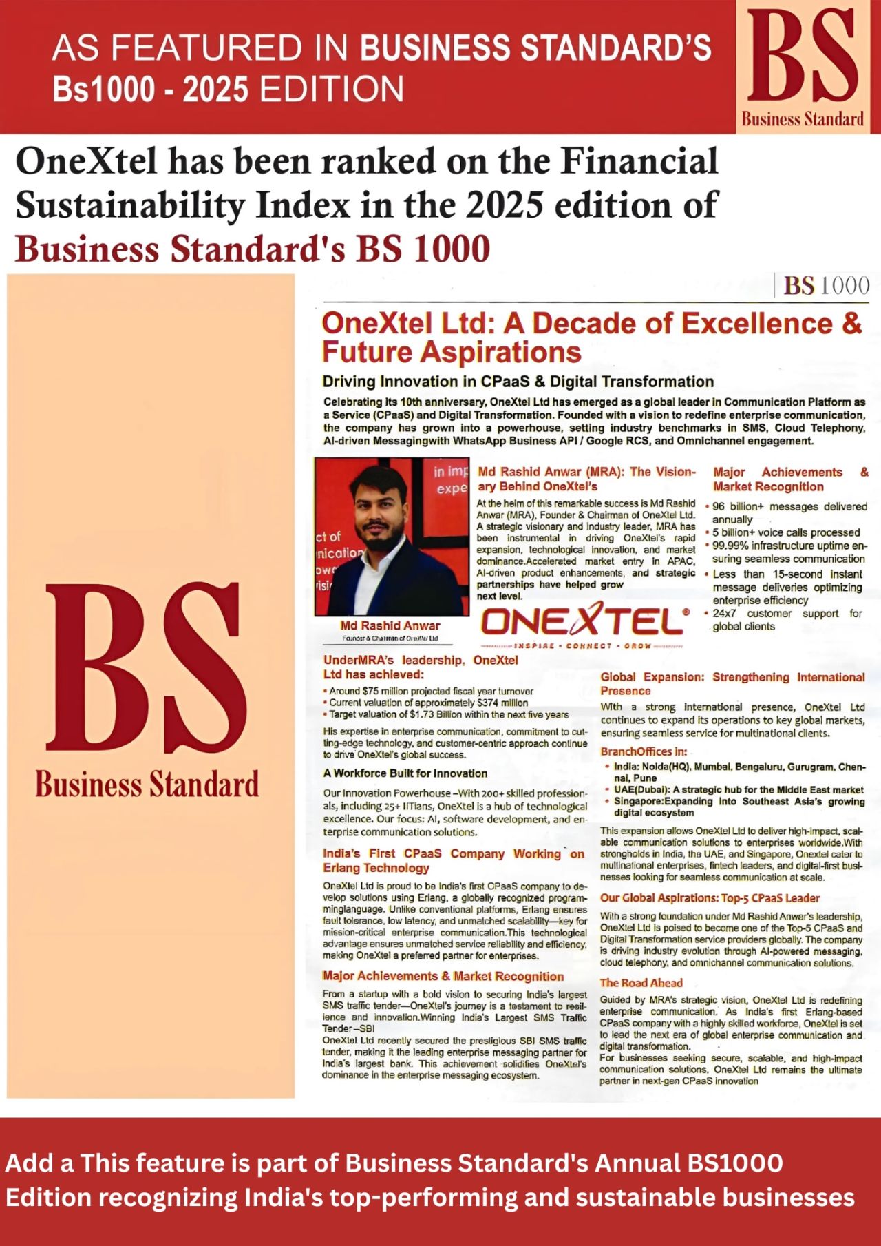 OneXtel has been ranked on the Financial Sustainability Index in the 2025 Edition of Business Standard’s BS 1000